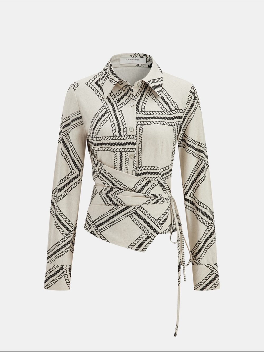 Commense Cream Button-Down Wrap Shirt with Black Rope Print